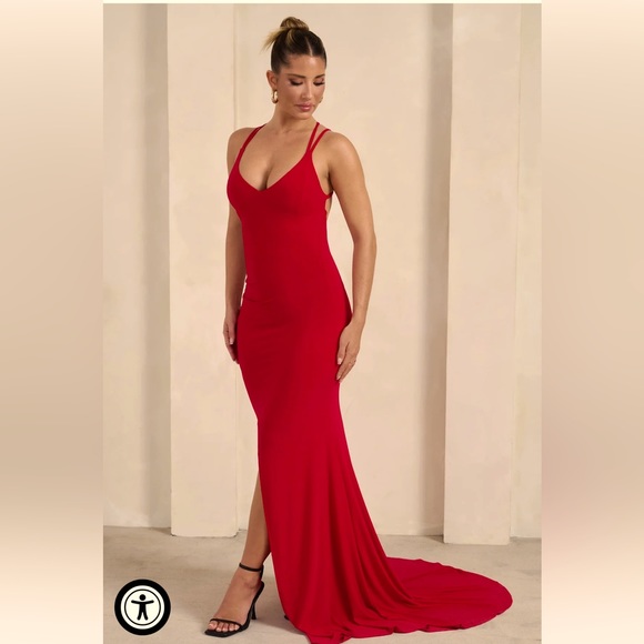 Club L Lucky Day Red Crossover Back Fishtail Maxi Dress - Picture 1 of 4